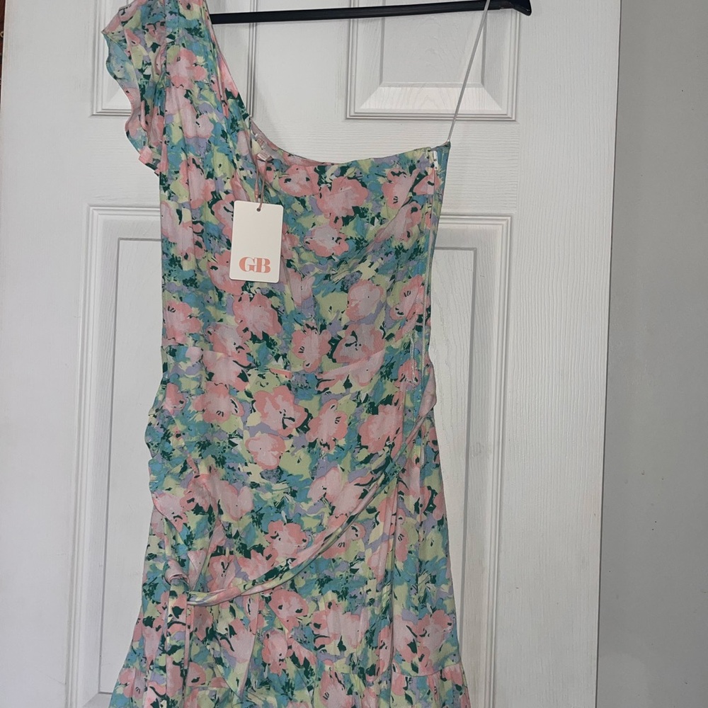 Gianni Bini Pink and Green Floral One-Shoulder Mini Dress